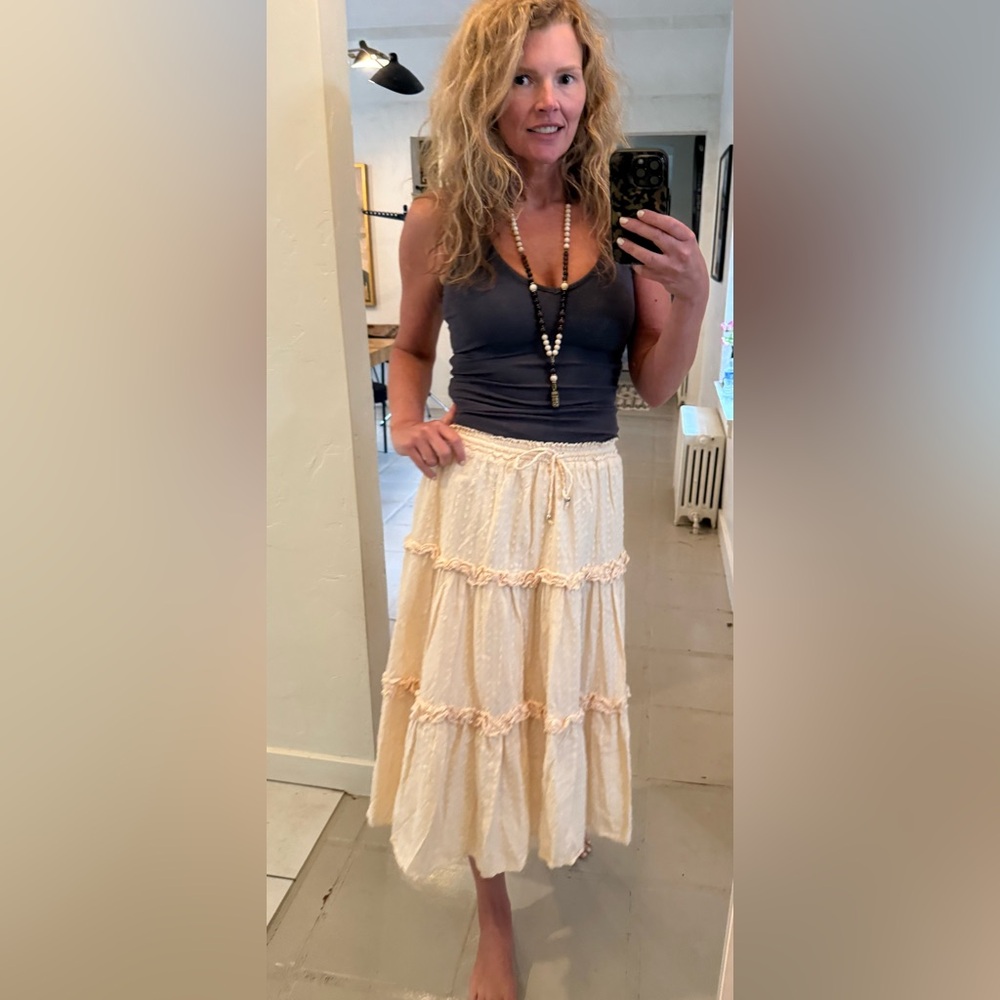 Anthropologie Mable Cream Tiered Swiss Dot Boho Festival Midi Skirt M